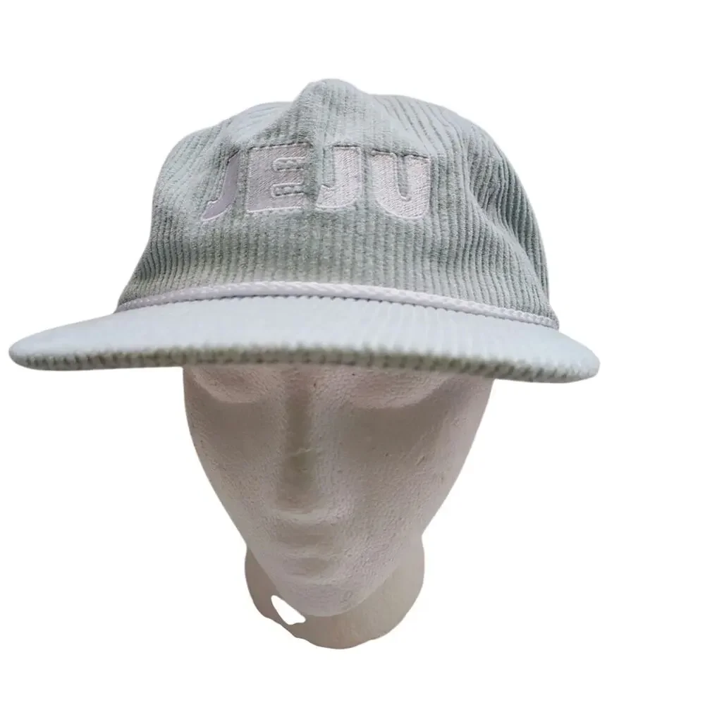 Vintage Y2K Corduroy “JEJU” Baseball Cap Mint Green Snapback Hat Casual Coastal